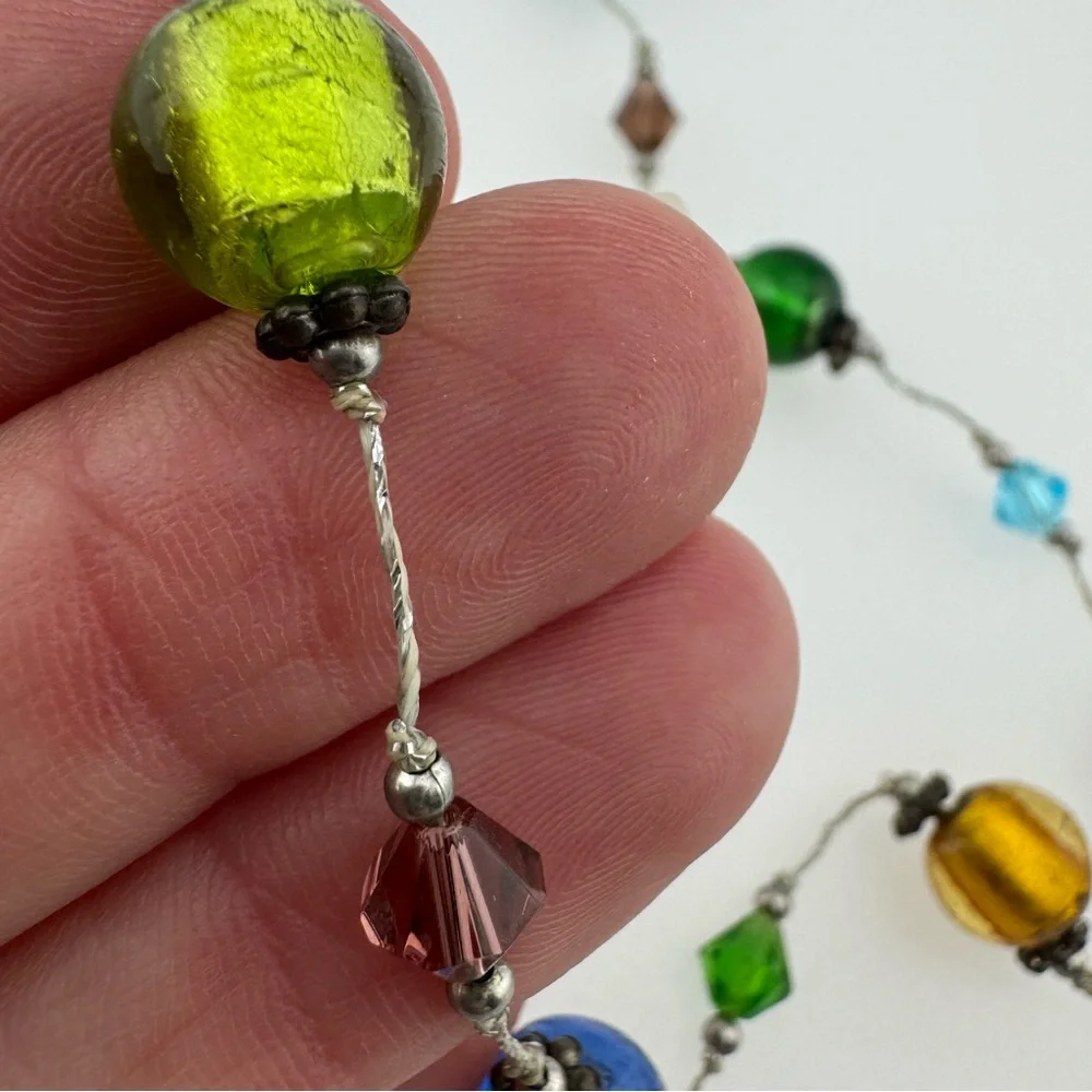 Colorful Beaded Foil Glass Necklace with Silver Details 10 inches Dainty